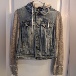 Free People Denim Hoodie Jacket with Gray Sleeves Sz Small